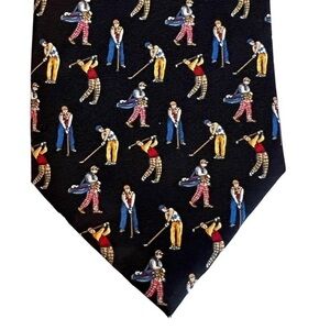 UMBERTO BOSSI Italian black silk GOLF theme tie w/ vintage golfers & caddies